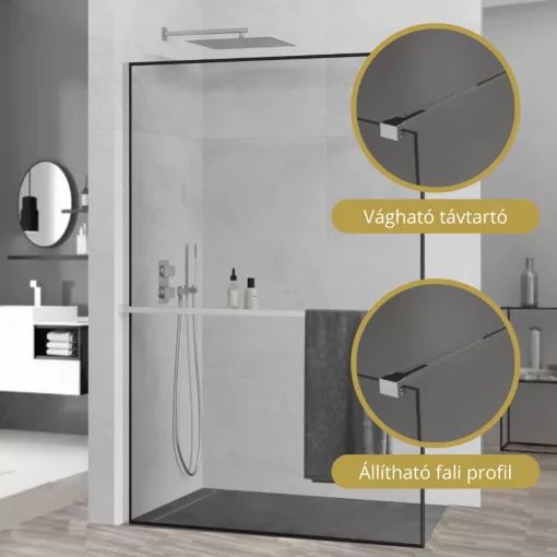 HD Velence+ Black-Chrome Walk-In zuhanyfal, 140x200 cm, 8 mm vastag vízlepergető biztonsági üveggel, 200 cm magas, króm profillal és távtartóval, fekete kerettel