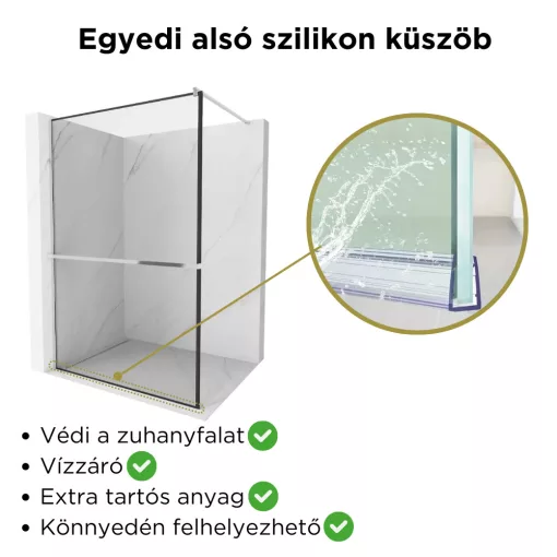 HD Velence+ Black-Chrome Walk-In zuhanyfal, 140x200 cm, 8 mm vastag vízlepergető biztonsági üveggel, 200 cm magas, króm profillal és távtartóval, fekete kerettel