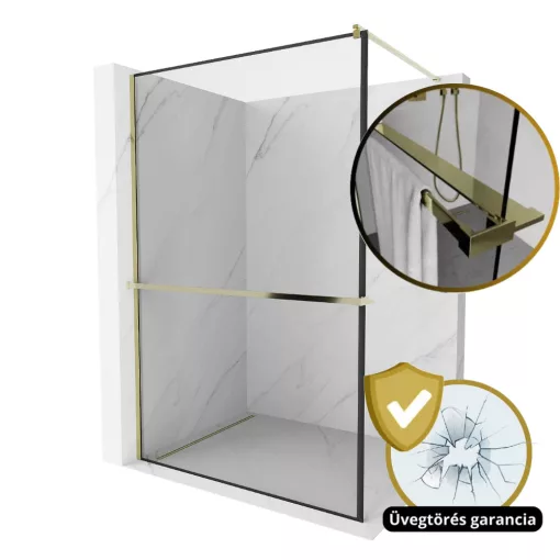 HD Velence+ Black-Gold Walk-In zuhanyfal, 120x200 cm, 8 mm vastag vízlepergető biztonsági üveggel, 200 cm magas, arany profillal és távtartóval, fekete kerettel