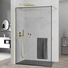 HD Velence+ Black-Gold Walk-In zuhanyfal, 120x200 cm, 8 mm vastag vízlepergető biztonsági üveggel, 200 cm magas, arany profillal és távtartóval, fekete kerettel