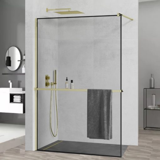 HD Velence+ Black-Gold Walk-In zuhanyfal, 120x200 cm, 8 mm vastag vízlepergető biztonsági üveggel, 200 cm magas, arany profillal és távtartóval, fekete kerettel