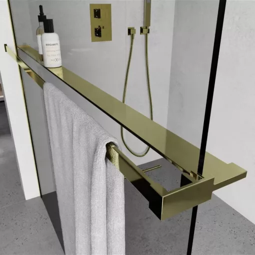 HD Velence+ Black-Gold Walk-In zuhanyfal, 120x200 cm, 8 mm vastag vízlepergető biztonsági üveggel, 200 cm magas, arany profillal és távtartóval, fekete kerettel
