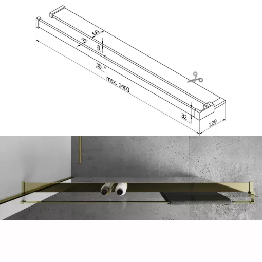 HD Velence+ Black-Gold Walk-In zuhanyfal, 120x200 cm, 8 mm vastag vízlepergető biztonsági üveggel, 200 cm magas, arany profillal és távtartóval, fekete kerettel