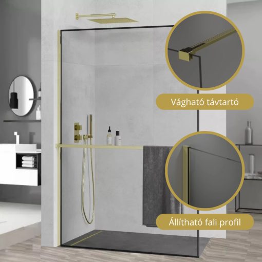 HD Velence+ Black-Gold Walk-In zuhanyfal, 120x200 cm, 8 mm vastag vízlepergető biztonsági üveggel, 200 cm magas, arany profillal és távtartóval, fekete kerettel