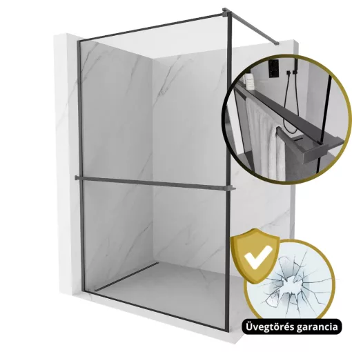 HD Velence+ Black-Grey Walk-In zuhanyfal, 110x200 cm, 8 mm vastag vízlepergető biztonsági üveggel, 200 cm magas, szürke profillal és távtartóval, fekete kerettel