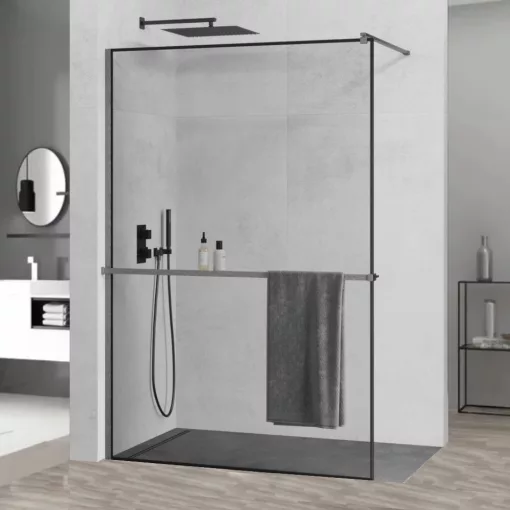 HD Velence+ Black-Grey Walk-In zuhanyfal, 110x200 cm, 8 mm vastag vízlepergető biztonsági üveggel, 200 cm magas, szürke profillal és távtartóval, fekete kerettel