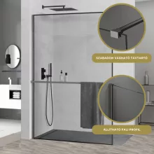 HD Velence+ Black-Grey Walk-In zuhanyfal, 110x200 cm, 8 mm vastag vízlepergető biztonsági üveggel, 200 cm magas, szürke profillal és távtartóval, fekete kerettel