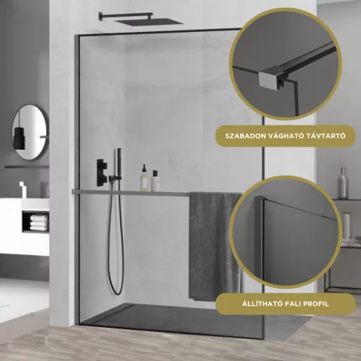 HD Velence+ Black-Grey Walk-In zuhanyfal, 110x200 cm, 8 mm vastag vízlepergető biztonsági üveggel, 200 cm magas, szürke profillal és távtartóval, fekete kerettel