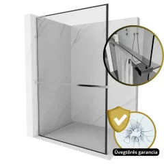   HD Velence+ "L" Black-Chrome Walk-In zuhanyfal 8 mm vastag vízlepergető biztonsági üveggel, 200 cm magas, króm profillal és "L" stabilizátorral, fekete kerettel