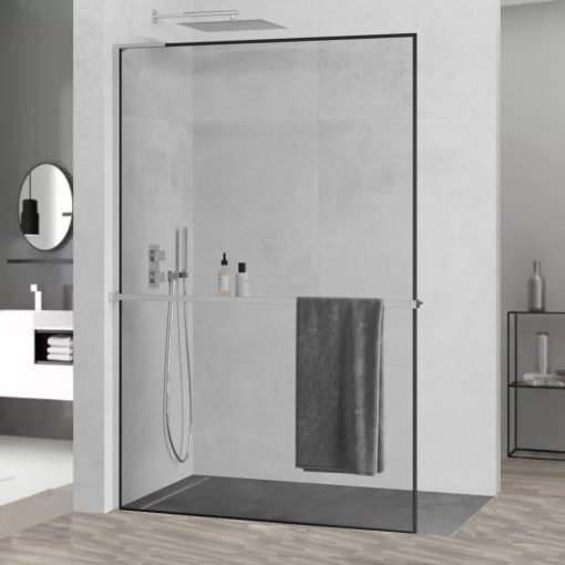 HD Velence+ "L" Black-Chrome Walk-In zuhanyfal, 80x200 cm, 8 mm vastag vízlepergető biztonsági üveggel, 200 cm magas, króm profillal és "L" stabilizátorral, fekete kerettel