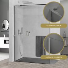 HD Velence+ "L" Black-Chrome Walk-In zuhanyfal, 80x200 cm, 8 mm vastag vízlepergető biztonsági üveggel, 200 cm magas, króm profillal és "L" stabilizátorral, fekete kerettel