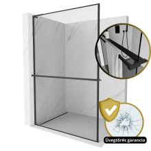 HD Velence+ "L" Black Walk-In zuhanyfal, 100x200 cm, 8 mm vastag vízlepergető biztonsági üveggel, 200 cm magas, fekete profillal és "L" stabilizátorral, fekete kerettel