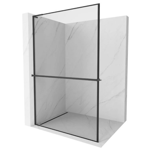 HD Velence+ "L" Black Walk-In zuhanyfal, 100x200 cm, 8 mm vastag vízlepergető biztonsági üveggel, 200 cm magas, fekete profillal és "L" stabilizátorral, fekete kerettel
