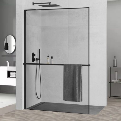 HD Velence+ "L" Black Walk-In zuhanyfal, 100x200 cm, 8 mm vastag vízlepergető biztonsági üveggel, 200 cm magas, fekete profillal és "L" stabilizátorral, fekete kerettel