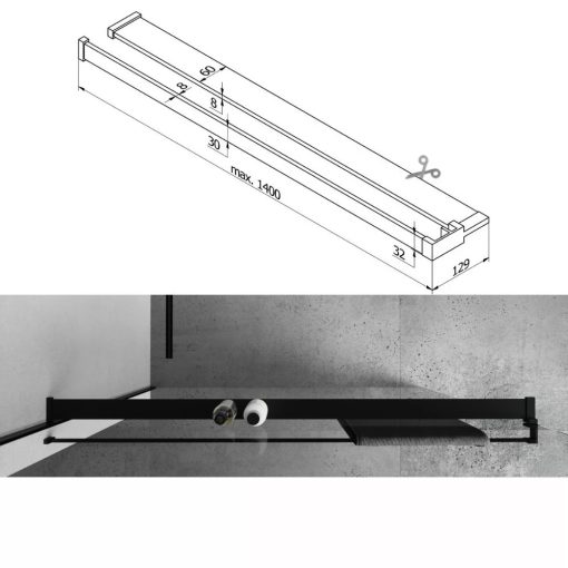 HD Velence+ "L" Black Walk-In zuhanyfal, 100x200 cm, 8 mm vastag vízlepergető biztonsági üveggel, 200 cm magas, fekete profillal és "L" stabilizátorral, fekete kerettel