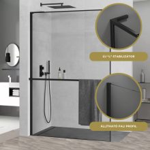 HD Velence+ "L" Black Walk-In zuhanyfal, 100x200 cm, 8 mm vastag vízlepergető biztonsági üveggel, 200 cm magas, fekete profillal és "L" stabilizátorral, fekete kerettel
