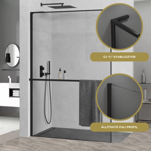 HD Velence+ "L" Black Walk-In zuhanyfal, 100x200 cm, 8 mm vastag vízlepergető biztonsági üveggel, 200 cm magas, fekete profillal és "L" stabilizátorral, fekete kerettel