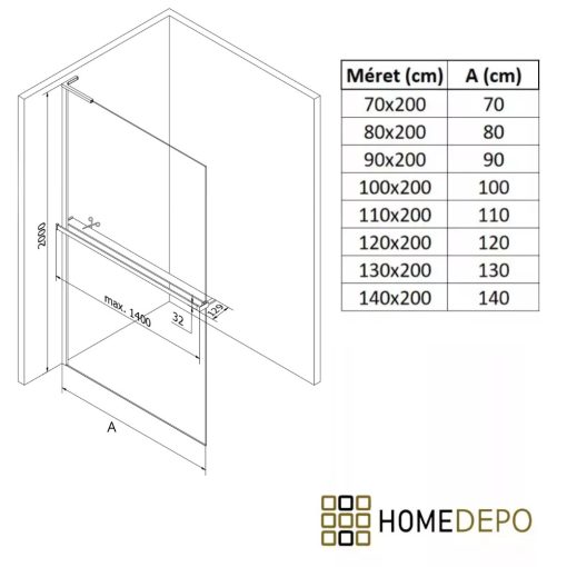 HD Velence+ "L" Black Walk-In zuhanyfal, 100x200 cm, 8 mm vastag vízlepergető biztonsági üveggel, 200 cm magas, fekete profillal és "L" stabilizátorral, fekete kerettel