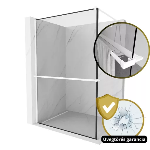 HD Velence+ Black-White Walk-In zuhanyfal 8 mm vastag vízlepergető biztonsági üveggel, 200 cm magas, fehér profillal és távtartóval, fekete kerettel