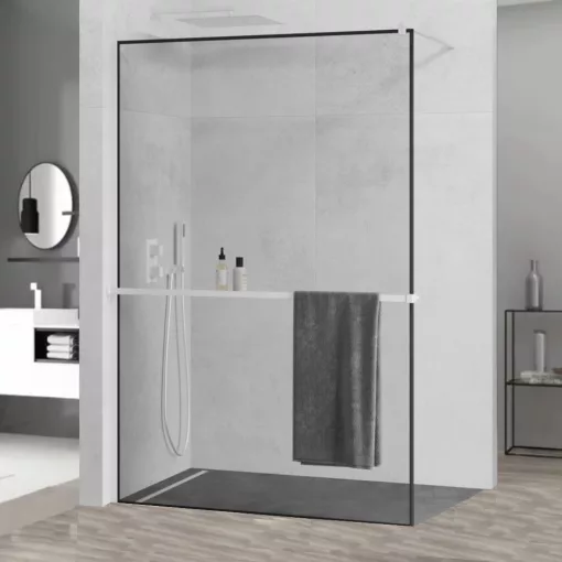 HD Velence+ Black-White Walk-In zuhanyfal 8 mm vastag vízlepergető biztonsági üveggel, 200 cm magas, fehér profillal és távtartóval, fekete kerettel