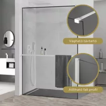 HD Velence+ Black-White Walk-In zuhanyfal 8 mm vastag vízlepergető biztonsági üveggel, 200 cm magas, fehér profillal és távtartóval, fekete kerettel