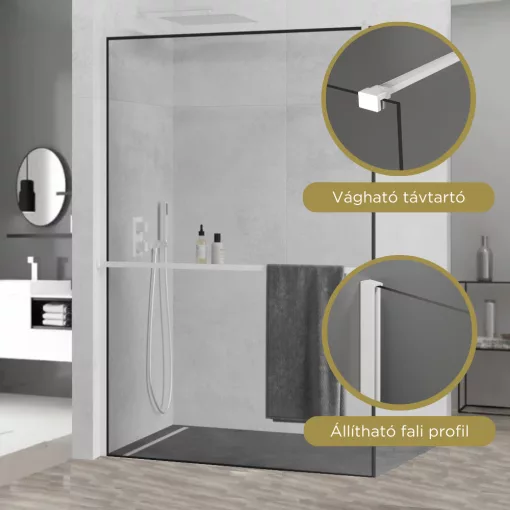HD Velence+ Black-White Walk-In zuhanyfal 8 mm vastag vízlepergető biztonsági üveggel, 200 cm magas, fehér profillal és távtartóval, fekete kerettel