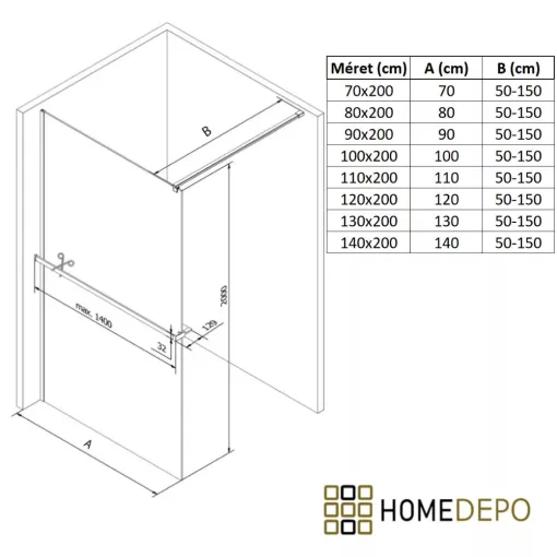 HD Velence+ Black-White Walk-In zuhanyfal 8 mm vastag vízlepergető biztonsági üveggel, 200 cm magas, fehér profillal és távtartóval, fekete kerettel