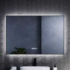   HD Glow Black 120 cm széles fali szögletes LED okostükör fekete slim kerettel, ambient világítással, érintőkapcsolóval, digitális órával és páramentesítő funkcióval