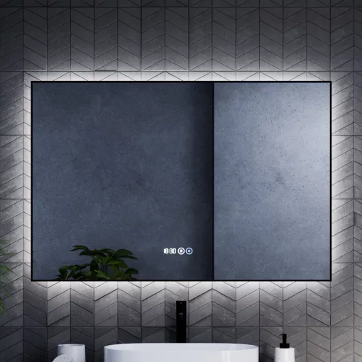 HD Glow Black 120 cm széles fali szögletes LED okostükör fekete slim kerettel, ambient világítással, érintőkapcsolóval, digitális órával és páramentesítő funkcióval