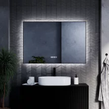 HD Glow Black 120 cm széles fali szögletes LED okostükör fekete slim kerettel, ambient világítással, érintőkapcsolóval, digitális órával és páramentesítő funkcióval