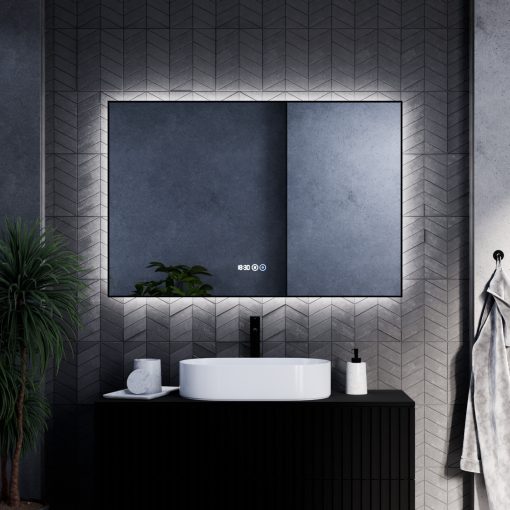HD Glow 120 cm széles fali szögletes LED okostükör fekete slim kerettel, ambient világítással, érintőkapcsolóval, digitális órával és páramentesítő funkcióval