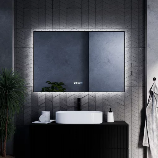 HD Glow Black 120 cm széles fali szögletes LED okostükör fekete slim kerettel, ambient világítással, érintőkapcsolóval, digitális órával és páramentesítő funkcióval
