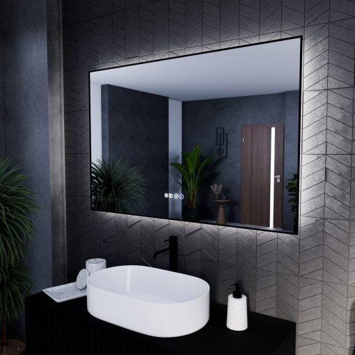 HD Glow 120 cm széles fali szögletes LED okostükör fekete slim kerettel, ambient világítással, érintőkapcsolóval, digitális órával és páramentesítő funkcióval