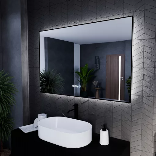 HD Glow Black 120 cm széles fali szögletes LED okostükör fekete slim kerettel, ambient világítással, érintőkapcsolóval, digitális órával és páramentesítő funkcióval