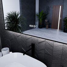HD Glow 120 cm széles fali szögletes LED okostükör fekete slim kerettel, ambient világítással, érintőkapcsolóval, digitális órával és páramentesítő funkcióval