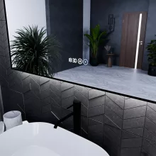 HD Glow Black 120 cm széles fali szögletes LED okostükör fekete slim kerettel, ambient világítással, érintőkapcsolóval, digitális órával és páramentesítő funkcióval