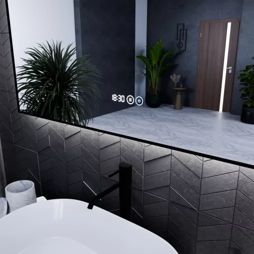 HD Glow Black 120 cm széles fali szögletes LED okostükör fekete slim kerettel, ambient világítással, érintőkapcsolóval, digitális órával és páramentesítő funkcióval