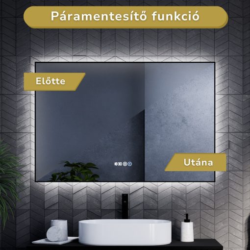 HD Glow 120 cm széles fali szögletes LED okostükör fekete slim kerettel, ambient világítással, érintőkapcsolóval, digitális órával és páramentesítő funkcióval