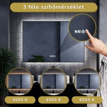 HD Glow 120 cm széles fali szögletes LED okostükör fekete slim kerettel, ambient világítással, érintőkapcsolóval, digitális órával és páramentesítő funkcióval