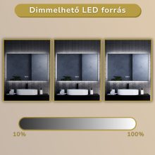 HD Glow 120 cm széles fali szögletes LED okostükör fekete slim kerettel, ambient világítással, érintőkapcsolóval, digitális órával és páramentesítő funkcióval