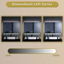 HD Glow Black 120 cm széles fali szögletes LED okostükör fekete slim kerettel, ambient világítással, érintőkapcsolóval, digitális órával és páramentesítő funkcióval