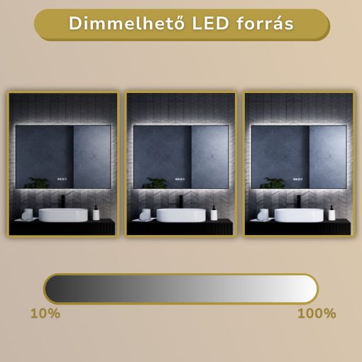 HD Glow 120 cm széles fali szögletes LED okostükör fekete slim kerettel, ambient világítással, érintőkapcsolóval, digitális órával és páramentesítő funkcióval