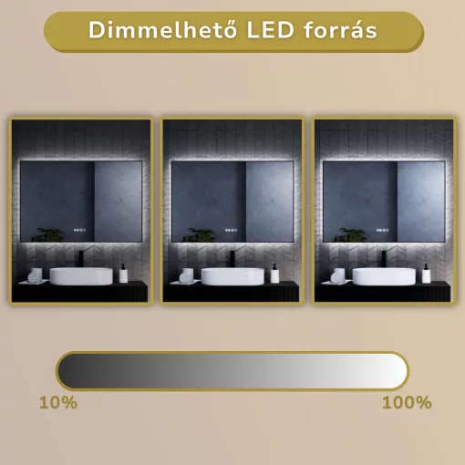 HD Glow Black 120 cm széles fali szögletes LED okostükör fekete slim kerettel, ambient világítással, érintőkapcsolóval, digitális órával és páramentesítő funkcióval