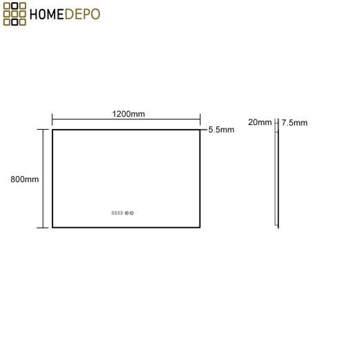 HD Glow 120 cm széles fali szögletes LED okostükör fekete slim kerettel, ambient világítással, érintőkapcsolóval, digitális órával és páramentesítő funkcióval