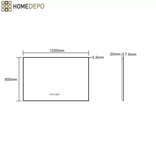HD Glow Black 120 cm széles fali szögletes LED okostükör fekete slim kerettel, ambient világítással, érintőkapcsolóval, digitális órával és páramentesítő funkcióval