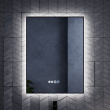 HD Glow 60 cm széles fali szögletes LED okostükör, fekete slim kerettel, ambient világítással, érintőkapcsolóval, digitális órával és páramentesítő funkcióval