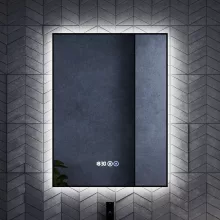 HD Glow Black 60 cm széles fali szögletes LED okostükör, fekete slim kerettel, ambient világítással, érintőkapcsolóval, digitális órával és páramentesítő funkcióval