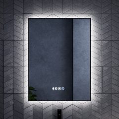   HD Glow 60 cm széles fali szögletes LED okostükör, fekete slim kerettel, ambient világítással, érintőkapcsolóval, digitális órával és páramentesítő funkcióval