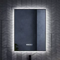  HD Glow Black 60 cm széles fali szögletes LED okostükör, fekete slim kerettel, ambient világítással, érintőkapcsolóval, digitális órával és páramentesítő funkcióval