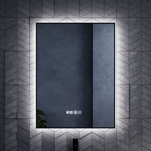 HD Glow 60 cm széles fali szögletes LED okostükör, fekete slim kerettel, ambient világítással, érintőkapcsolóval, digitális órával és páramentesítő funkcióval